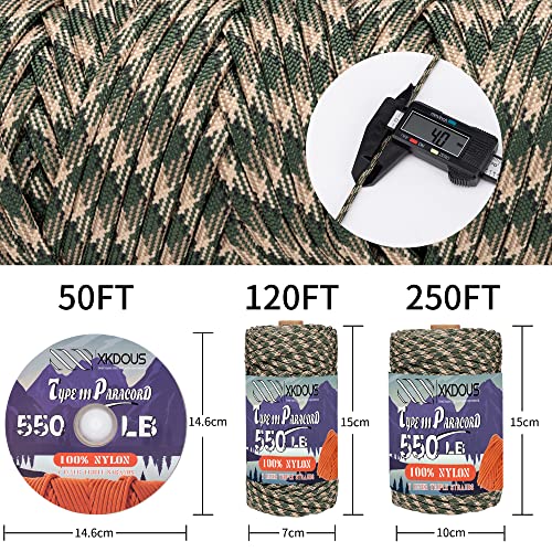 XKDOUS 550 Paracord 120ft Forest Camo Parachute Cord, 100% Nylon 7 Strand Inner Core Type III Tactical Paracord Rope, Outside Survival Gear for Bracelets, Lanyards, Handle Wraps, Camping & Hiking