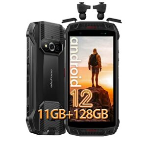 ulefone android 12 armor 15 rugged phone unlocked, ip68/ip69k, built-in tws earbuds, 11gb+128gb, 4-day battery, 16mp+12mp+13mp camera, dual loud speakers dual 4g, helio g35 octa-core, otg, gps, black