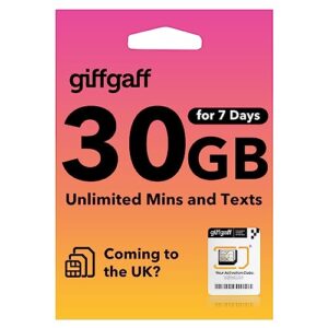 giffgaff uk prepaid sim card for 7 days with 30gb data + unlimited mins and texts, used in the united kingdom, england, scotland, wales, northern ireland, london