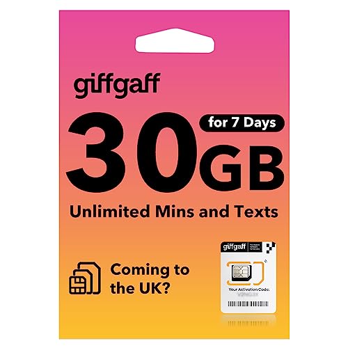 Giffgaff UK Prepaid SIM Card for 7 Days with 30GB Data + Unlimited Mins and Texts, Used in The United Kingdom, England, Scotland, Wales, Northern Ireland, London