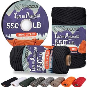 xkdous 550 paracord 50ft black parachute cord, 100% nylon 7 strand inner core type iii tactical paracord rope, outside survival gear for bracelets, lanyards, handle wraps, camping & hiking