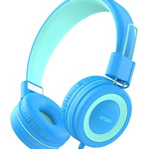 Eposy Kids Headphones, E10 Wired Headphones for Kids Foldable Stereo Bass Headphones with Adjustable Headband, Tangle-Free 3.5 mm Jack for School, On-Ear Headset for Boys Girls Cellphones(Blue/Green)