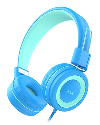 Eposy Kids Headphones, E10 Wired Headphones for Kids Foldable Stereo Bass Headphones with Adjustable Headband, Tangle-Free 3.5 mm Jack for School, On-Ear Headset for Boys Girls Cellphones(Blue/Green)