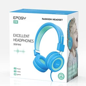 Eposy Kids Headphones, E10 Wired Headphones for Kids Foldable Stereo Bass Headphones with Adjustable Headband, Tangle-Free 3.5 mm Jack for School, On-Ear Headset for Boys Girls Cellphones(Blue/Green)