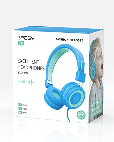 Eposy Kids Headphones, E10 Wired Headphones for Kids Foldable Stereo Bass Headphones with Adjustable Headband, Tangle-Free 3.5 mm Jack for School, On-Ear Headset for Boys Girls Cellphones(Blue/Green)