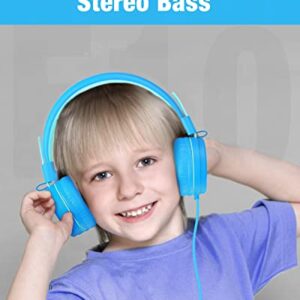 Eposy Kids Headphones, E10 Wired Headphones for Kids Foldable Stereo Bass Headphones with Adjustable Headband, Tangle-Free 3.5 mm Jack for School, On-Ear Headset for Boys Girls Cellphones(Blue/Green)