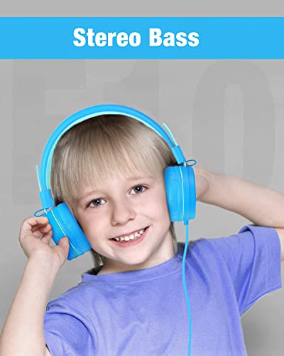 Eposy Kids Headphones, E10 Wired Headphones for Kids Foldable Stereo Bass Headphones with Adjustable Headband, Tangle-Free 3.5 mm Jack for School, On-Ear Headset for Boys Girls Cellphones(Blue/Green)