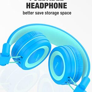 Eposy Kids Headphones, E10 Wired Headphones for Kids Foldable Stereo Bass Headphones with Adjustable Headband, Tangle-Free 3.5 mm Jack for School, On-Ear Headset for Boys Girls Cellphones(Blue/Green)