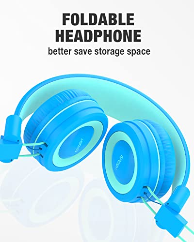 Eposy Kids Headphones, E10 Wired Headphones for Kids Foldable Stereo Bass Headphones with Adjustable Headband, Tangle-Free 3.5 mm Jack for School, On-Ear Headset for Boys Girls Cellphones(Blue/Green)