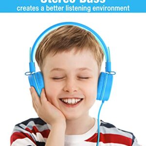 Eposy Kids Headphones, E10 Wired Headphones for Kids Foldable Stereo Bass Headphones with Adjustable Headband, Tangle-Free 3.5 mm Jack for School, On-Ear Headset for Boys Girls Cellphones(Blue/Green)