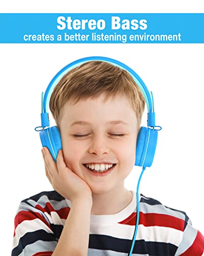 Eposy Kids Headphones, E10 Wired Headphones for Kids Foldable Stereo Bass Headphones with Adjustable Headband, Tangle-Free 3.5 mm Jack for School, On-Ear Headset for Boys Girls Cellphones(Blue/Green)