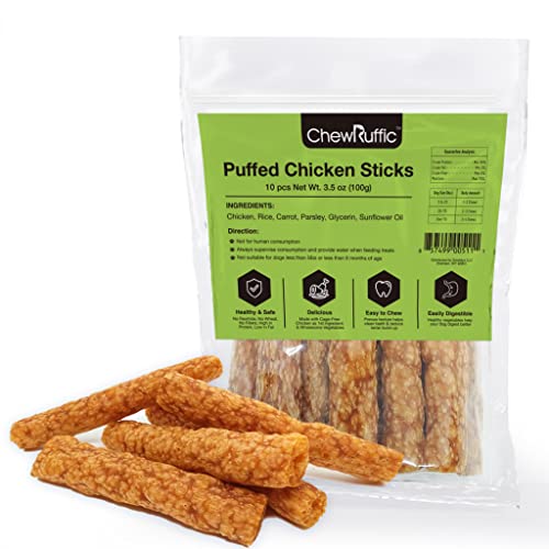 ChewRuffic Chicken Dog Chew Sticks, Puffed Human Grade Dog Treat Sticks, Rawhide Alternative, Easy to Digest 10pcs/Pack