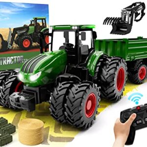 Remote Control Tractor Toy, Kids RC Tractor Set & Truck and Trailer Front Loader - Metal Car Head/8 Wheel/ Light, Toddlers Farm Vehicle Toys for 2 3 4 5 6 7 8 9 Year Old Boys Christmas Birthday Gift