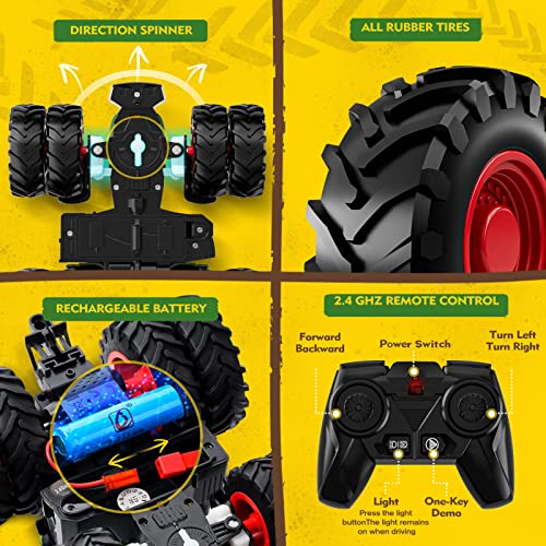 Remote Control Tractor Toy, Kids RC Tractor Set & Truck and Trailer Front Loader - Metal Car Head/8 Wheel/ Light, Toddlers Farm Vehicle Toys for 2 3 4 5 6 7 8 9 Year Old Boys Christmas Birthday Gift