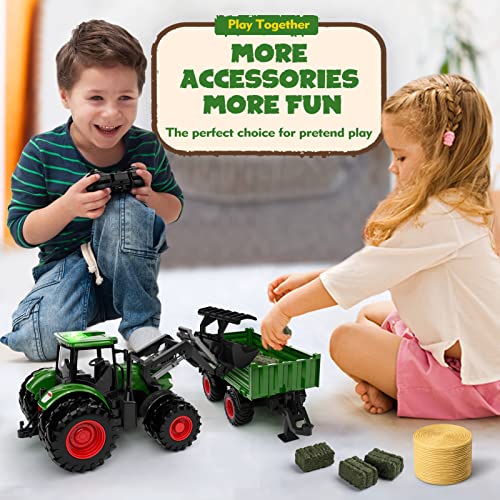 Remote Control Tractor Toy, Kids RC Tractor Set & Truck and Trailer Front Loader - Metal Car Head/8 Wheel/ Light, Toddlers Farm Vehicle Toys for 2 3 4 5 6 7 8 9 Year Old Boys Christmas Birthday Gift