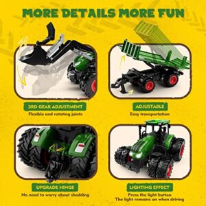 Remote Control Tractor Toy, Kids RC Tractor Set & Truck and Trailer Front Loader - Metal Car Head/8 Wheel/ Light, Toddlers Farm Vehicle Toys for 2 3 4 5 6 7 8 9 Year Old Boys Christmas Birthday Gift