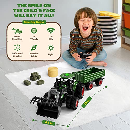 Remote Control Tractor Toy, Kids RC Tractor Set & Truck and Trailer Front Loader - Metal Car Head/8 Wheel/ Light, Toddlers Farm Vehicle Toys for 2 3 4 5 6 7 8 9 Year Old Boys Christmas Birthday Gift