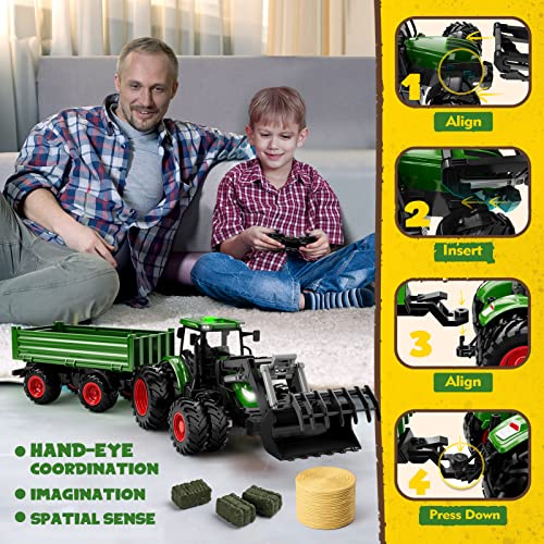 Remote Control Tractor Toy, Kids RC Tractor Set & Truck and Trailer Front Loader - Metal Car Head/8 Wheel/ Light, Toddlers Farm Vehicle Toys for 2 3 4 5 6 7 8 9 Year Old Boys Christmas Birthday Gift