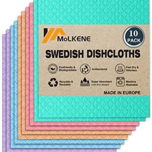 MoLKENE Swedish Dish Cloths - 10 Pack Reusable Kitchen Dishcloths - Ultra Absorbent Dish Towels for Washing Dishes - Cellulose Sponge Cloth Cleaning Rag - Assorted