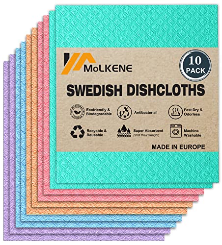 MoLKENE Swedish Dish Cloths - 10 Pack Reusable Kitchen Dishcloths - Ultra Absorbent Dish Towels for Washing Dishes - Cellulose Sponge Cloth Cleaning Rag - Assorted