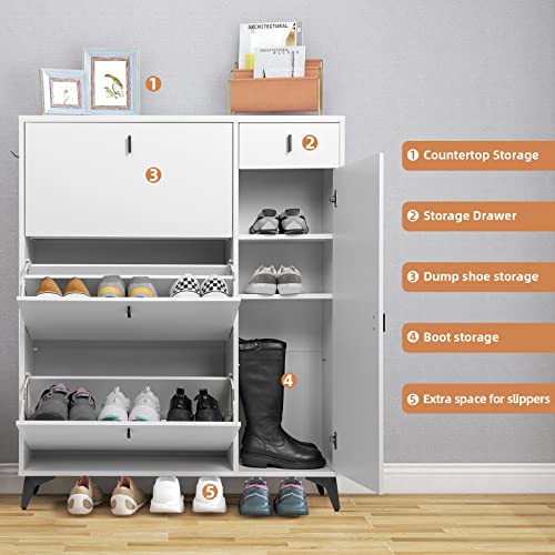 ARTETHYS Shoe Cabinet-Freestanding Shoe Storage Cabinet 22 Pair Shoe Rack Storage Organizer with 3 Flip Drawers-White Modern Shoe Organizer Cabinet with Doors for Entryway