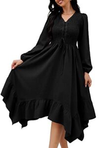 zaful women's deep v neck smocked flutter hem drawstring tie front long sleeve flowy midi a-line dress with pockets black