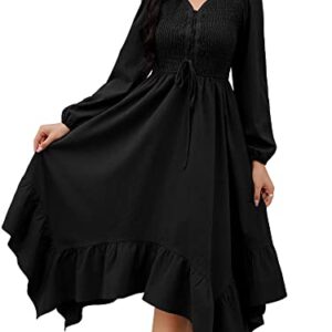 ZAFUL Women's Deep V Neck Smocked Flutter Hem Drawstring Tie Front Long Sleeve Flowy Midi A-Line Dress with Pockets Black