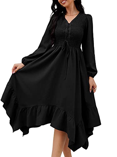 ZAFUL Women's Deep V Neck Smocked Flutter Hem Drawstring Tie Front Long Sleeve Flowy Midi A-Line Dress with Pockets Black