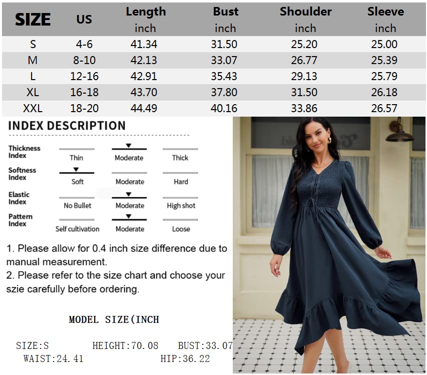 ZAFUL Women's Deep V Neck Smocked Flutter Hem Drawstring Tie Front Long Sleeve Flowy Midi A-Line Dress with Pockets Black