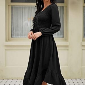 ZAFUL Women's Deep V Neck Smocked Flutter Hem Drawstring Tie Front Long Sleeve Flowy Midi A-Line Dress with Pockets Black