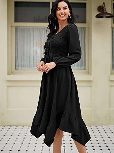 ZAFUL Women's Deep V Neck Smocked Flutter Hem Drawstring Tie Front Long Sleeve Flowy Midi A-Line Dress with Pockets Black