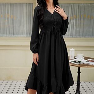 ZAFUL Women's Deep V Neck Smocked Flutter Hem Drawstring Tie Front Long Sleeve Flowy Midi A-Line Dress with Pockets Black