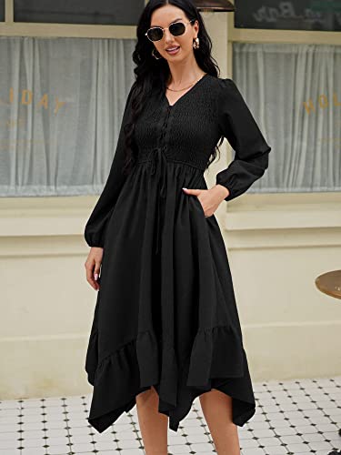 ZAFUL Women's Deep V Neck Smocked Flutter Hem Drawstring Tie Front Long Sleeve Flowy Midi A-Line Dress with Pockets Black