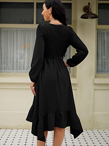 ZAFUL Women's Deep V Neck Smocked Flutter Hem Drawstring Tie Front Long Sleeve Flowy Midi A-Line Dress with Pockets Black