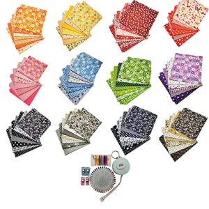 84pcs no repeat design squares quilting fabric bundles, 9.8"x9.8"(25x25cm) cotton printed floral craft fabric, precut multi-color for patchwork diy craft sewingtape measure (heather color)