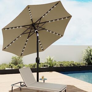 east oak patio umbrella, 9 ft outdoor table umbrella with 40 led solar lights and 8 ribs, 1.9inch aluminum pole, upf 50+ fade resistant and push button tilt for deck and poolside, tan