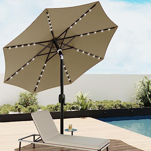 EAST OAK Patio Umbrella, 9 ft Outdoor Table Umbrella with 40 LED Solar Lights and 8 Ribs, 1.9inch Aluminum Pole, UPF 50+ Fade Resistant and Push Button Tilt for Deck and Poolside, Tan