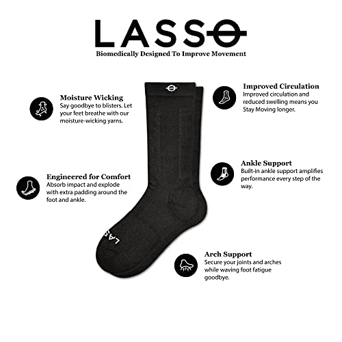 Lasso Performance Compression Athletic Socks — Increase Circulation While Running, Cycling, & Exercising - Black (Crew) - Small