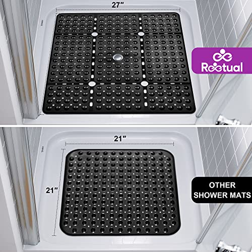 Reetual XL Shower Mat Non Slip - 27x27 Bath Mat for Shower Stall or Large Bathtub Mat with 240 Powerful Suction Cups and Drain Holes. Black Shower Mats for Bathroom, Anti Slip for Elderly and Kids