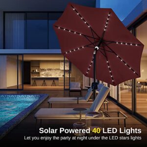 EAST OAK Patio Umbrella, 9 ft Outdoor Table Umbrella with 40 LED Solar Lights and 8 Ribs, 1.9inch Aluminum Pole, UPF 50+ Fade Resistant and Push Button Tilt for Deck and Poolside, Wine Red