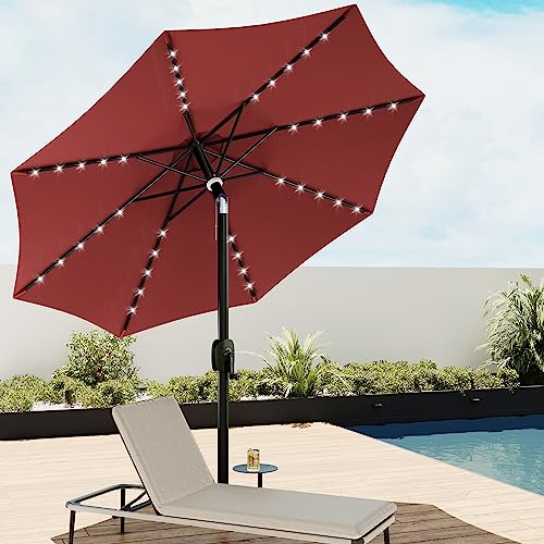 EAST OAK Patio Umbrella, 9 ft Outdoor Table Umbrella with 40 LED Solar Lights and 8 Ribs, 1.9inch Aluminum Pole, UPF 50+ Fade Resistant and Push Button Tilt for Deck and Poolside, Wine Red