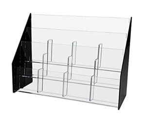 tiered rack card holder with 12 pockets for 4x9 brochures leaflets clear plexiglas rack for tabletop use with black acrylic sides