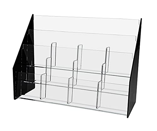 Tiered Rack Card Holder with 12 Pockets for 4x9 Brochures Leaflets Clear Plexiglas Rack for Tabletop Use with Black Acrylic Sides