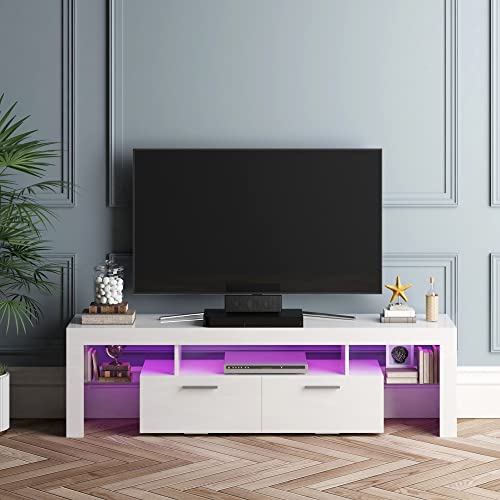 Extougend Modern White LED 63 Inch TV Stand with Storage and Entertainment Center for 50 55 60 65 70 75 Inch TVs, High Gloss Wooden TV Cabinet with Glass Storage Rack for Living Room and Bedroom