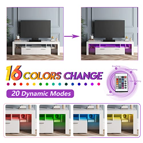 Extougend Modern White LED 63 Inch TV Stand with Storage and Entertainment Center for 50 55 60 65 70 75 Inch TVs, High Gloss Wooden TV Cabinet with Glass Storage Rack for Living Room and Bedroom