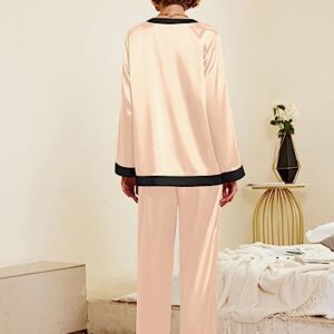 Ekouaer Satin Pajamas Silk Pjs Sets Button Down Sleepwear Set Winter Pajamas for Women with Pockets,Champagne,L