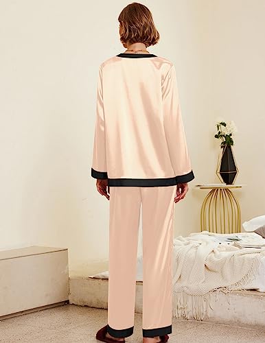 Ekouaer Satin Pajamas Silk Pjs Sets Button Down Sleepwear Set Winter Pajamas for Women with Pockets,Champagne,L