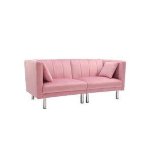 Majnesvon Modern Velvet Fabric Sofa Bed Futon with 2 Pillows,Couch with 3 Adjustable Angles,Convertible Small Loveseat Folding Sleeper Sofa Bed for Compact Living Spaces,Bedroom (Pink), Twin