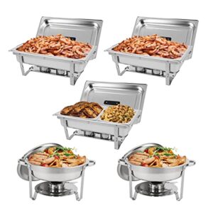 restlrious chafing dish buffet set stainless steel 5qt round & 8qt rectangle foldable chafers & buffet warmers set, w/full & half size food pan, water pan, fuel holder & lid for catering event, 5 pk