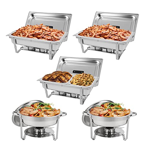 Restlrious Chafing Dish Buffet Set Stainless Steel 5QT Round & 8QT Rectangle Foldable Chafers & Buffet Warmers Set, w/Full & Half Size Food Pan, Water Pan, Fuel Holder & Lid for Catering Event, 5 Pk